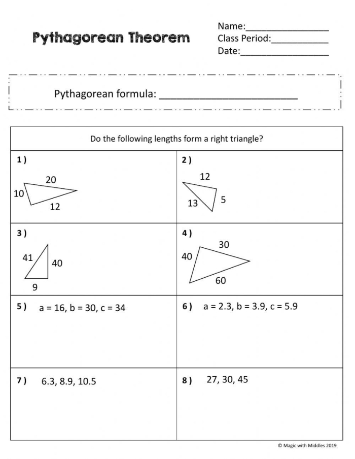 Eighth grade geometry worksheet showing triangle measurements for identifying right triangles using the converse of the Pythagorean theorem