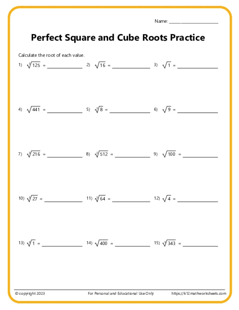 Square Root and Cube Root Practice Worksheet 18 Eighth grade math worksheet focusing on solving square root and cube root equations