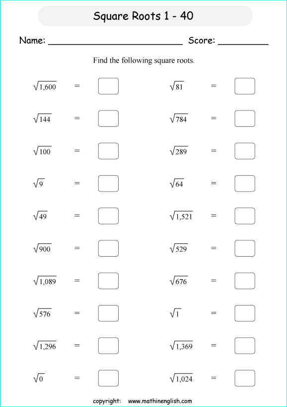 Eighth grade math worksheet focusing on calculating square roots of perfect squares and cube roots of perfect cubes