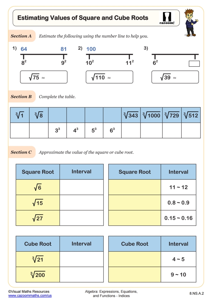 Eighth grade math worksheet focusing on calculating square roots and cube roots for practice