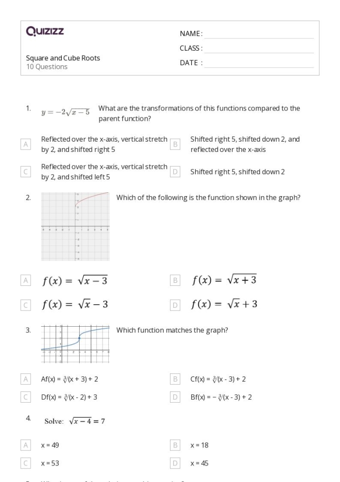 Eighth grade math worksheet featuring a variety of perfect square and cube root practice problems