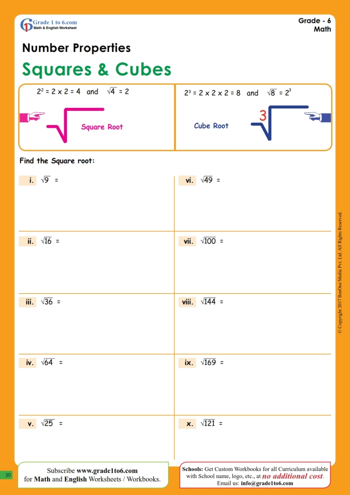 Eighth grade math worksheet focusing on calculating square roots and cube roots for perfect numbers