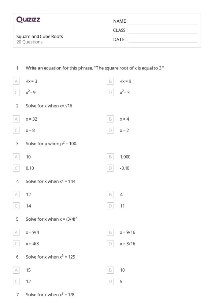 Worksheet for practicing square roots and cube roots for eighth graders