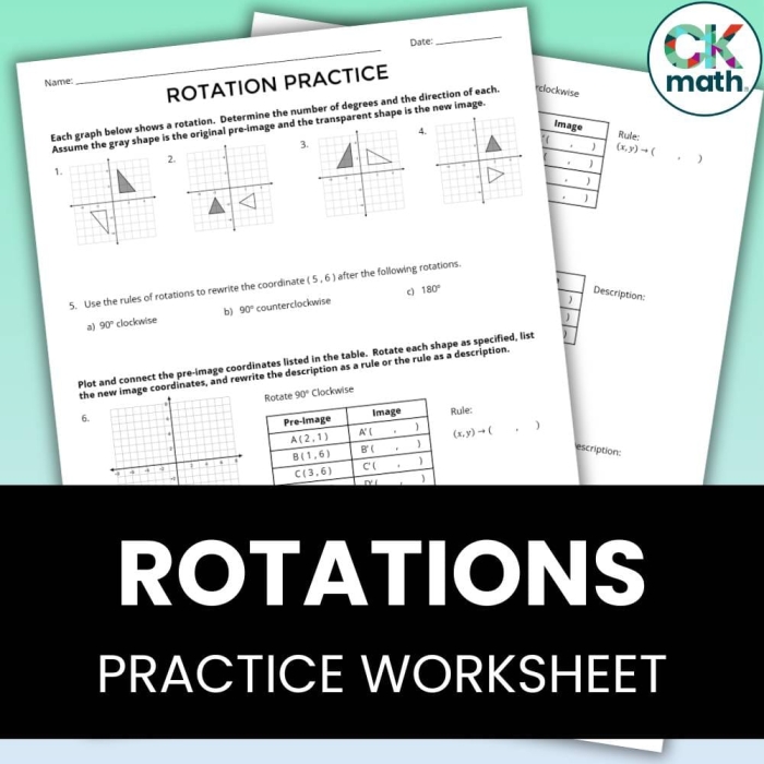 Eighth grade math worksheet focusing on rotating geometric shapes 90 180 and 270 degrees counterclockwise on a coordinate grid
