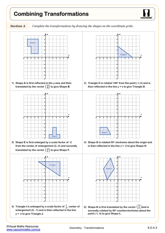 Eighth-grade worksheet illustrating rotations of figures on the coordinate plane