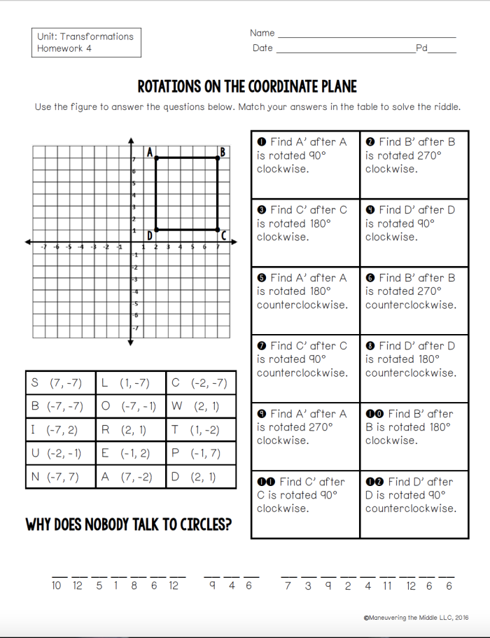 Rotations on the Coordinate Plane Handout Page 2 Example Problems Eighth grade student worksheet showing coordinate plane with rotated geometric shapes and degree measurements for learning transformations