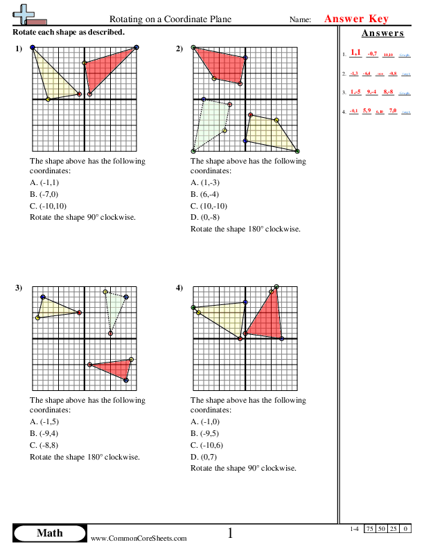 Student worksheet focusing on 90°, 180°, and 270° counterclockwise rotations on the coordinate plane. Eighth grade activity for mastering figure transformations.