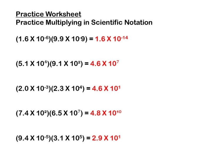 Eighth grade math worksheet showing steps for multiplying and dividing scientific notation numbers with practice problems