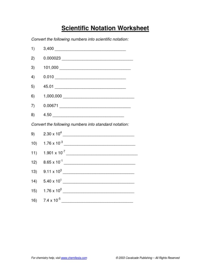Scientific Notation Handout worksheet for Eighth Grade