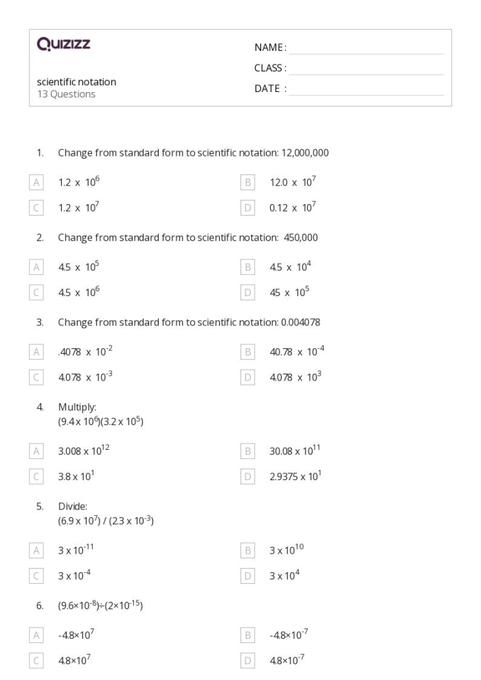Eighth grade scientific notation handout showing standard form conversion exercises