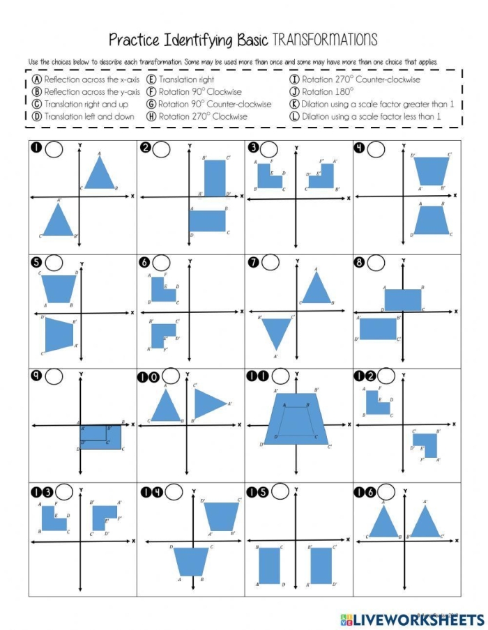 Eighth grade geometry worksheet featuring practice problems on identifying and describing transformations for similar figures 19