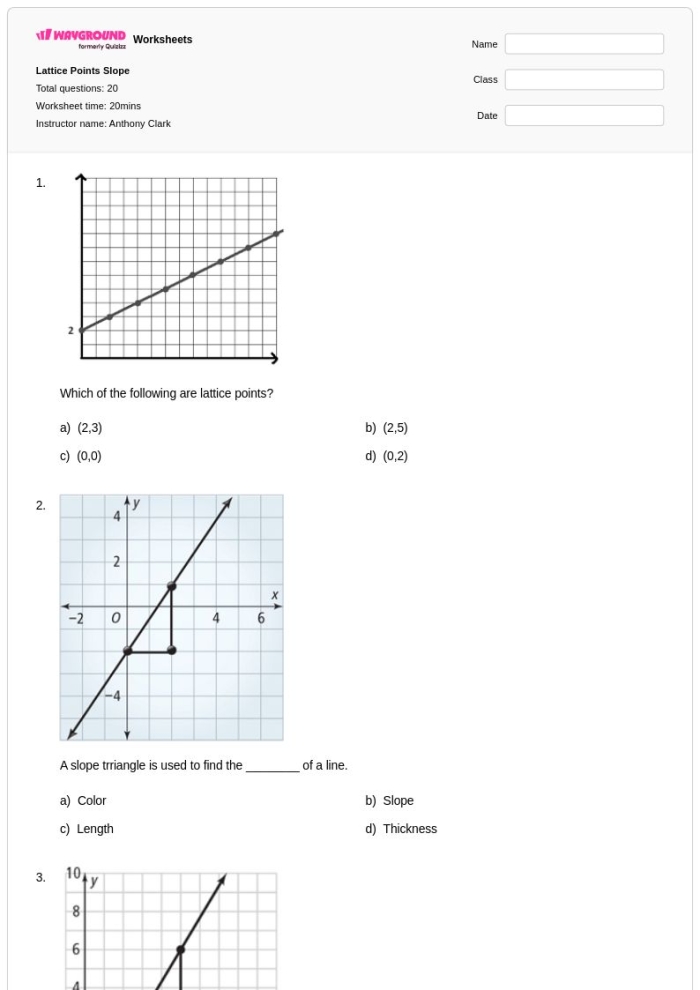 Slope Review Points Worksheet 24 for finding line slope from coordinate pairs Eighth grade students calculating slope between coordinate points on a practice worksheet for algebra review