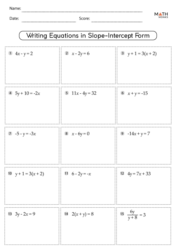 Eighth grade math worksheet showing a table of x and y values with instructions for writing linear equations in slope-intercept form