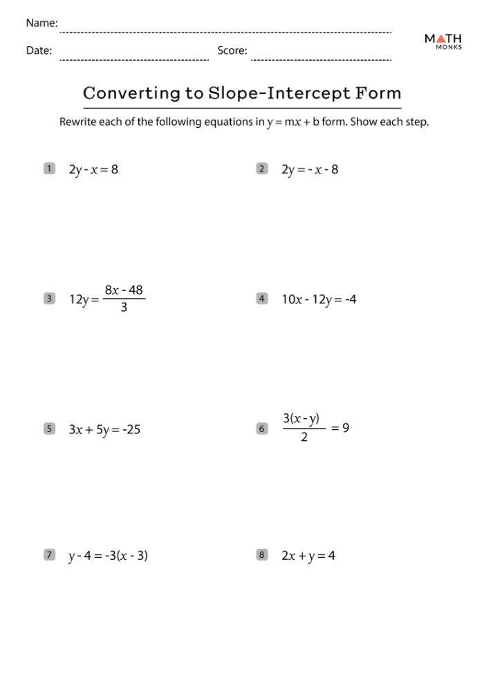Students working on a review worksheet about writing equations in slope-intercept form
