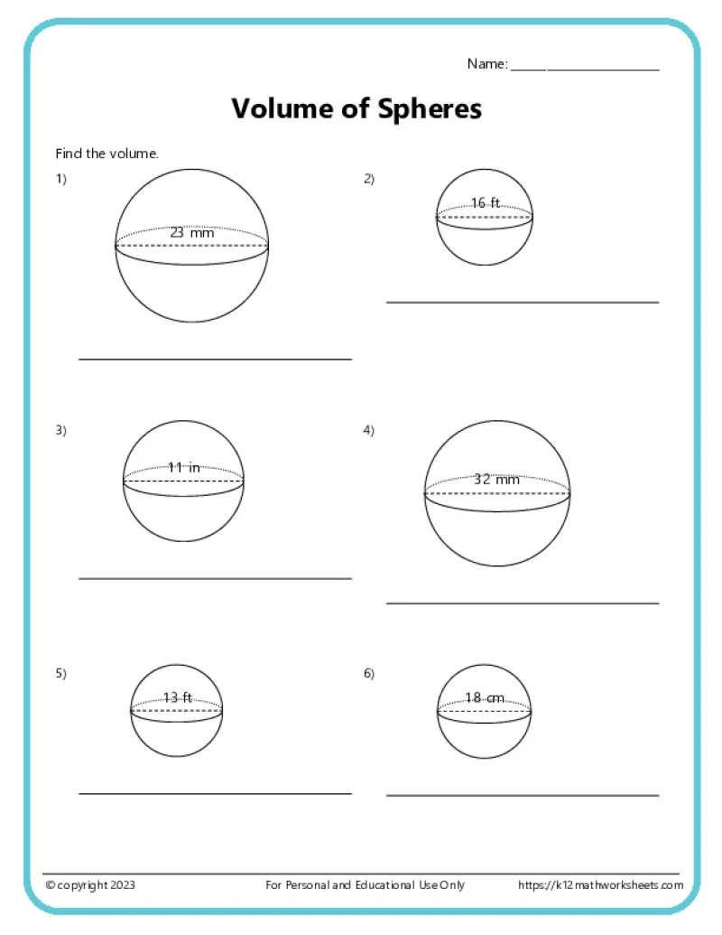 Volume of Spheres Worksheet for Eighth Grade Students Eighth-grade worksheet focused on calculating the volume of spheres in geometry