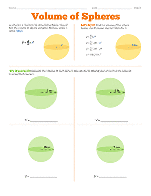 Volume of Spheres Worksheet Grade 8 Geometry Practice 18 Eighth grade geometry worksheet featuring practice problems on calculating the volume of spheres