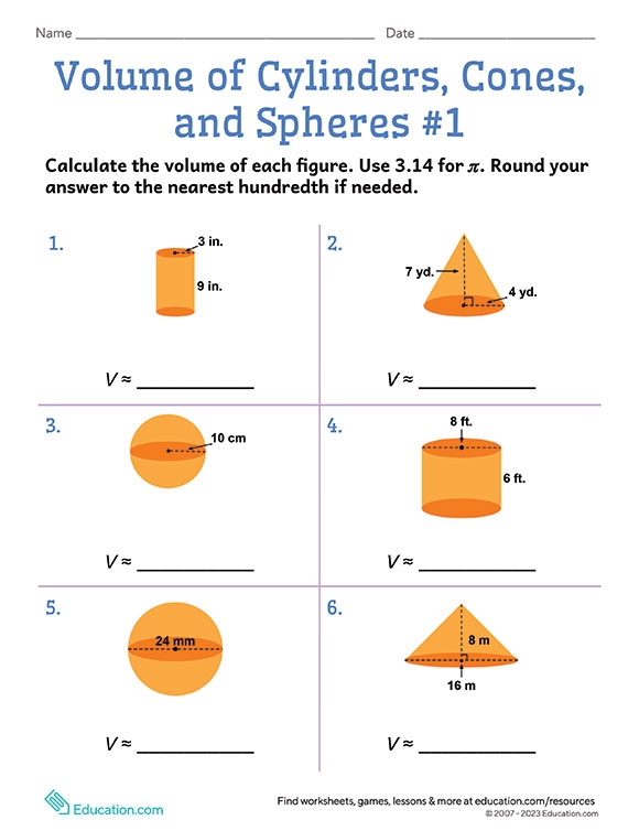 Volume of Spheres worksheet for mixed operations in eighth grade Worksheet on calculating the volume of spheres for eighth-grade geometry students