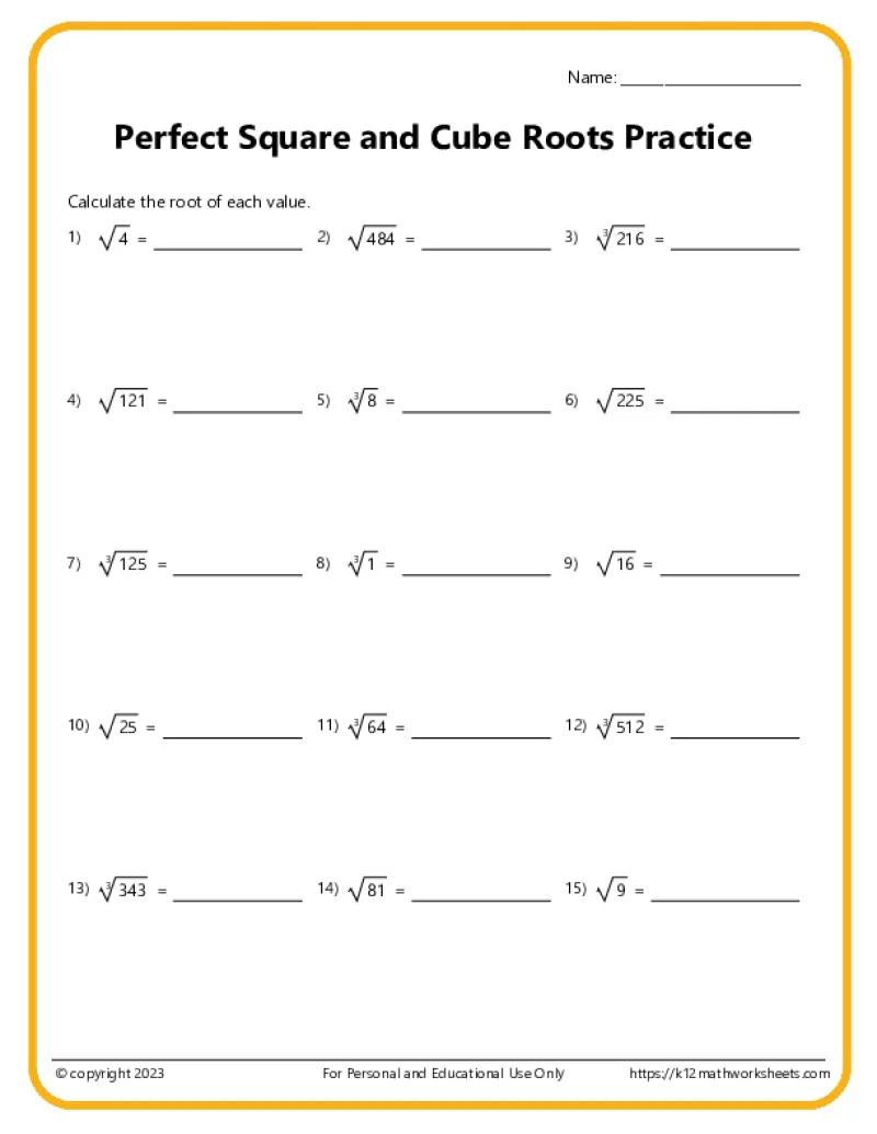 Square Root and Cube Root Practice Worksheet Number 24 Eighth grade math worksheet focusing on solving square root and cube root practice problems