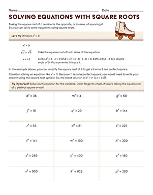 Eighth grade math worksheet showing students how to calculate and solve equations involving square roots