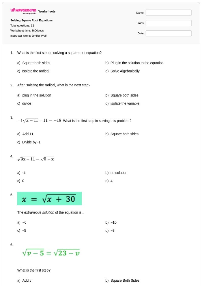 Solve Square Root Equations Worksheet for Eighth Grade Students 18 Eighth grade student working on a math worksheet featuring problems involving square root equations