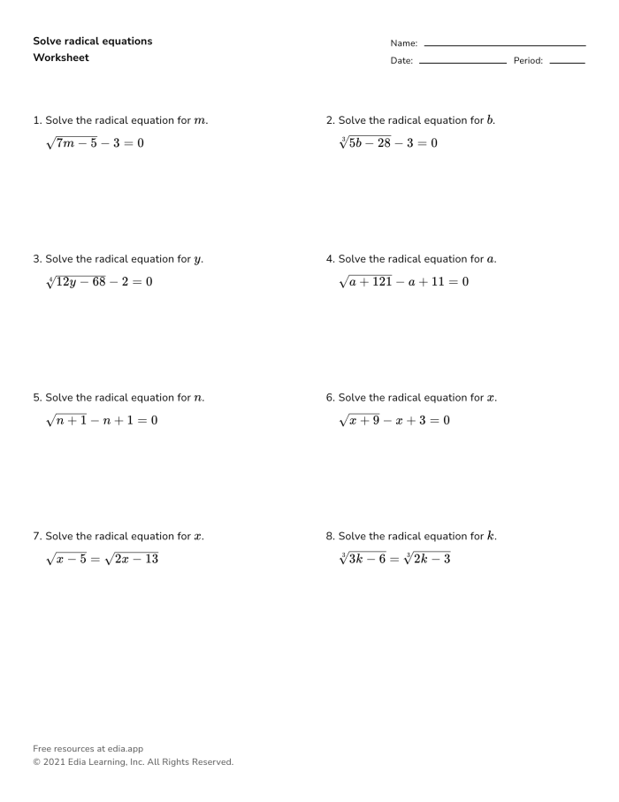 Solve Square Root Equations Worksheet for Eighth Grade Math Eighth grade math worksheet showing problems for solving square root equations