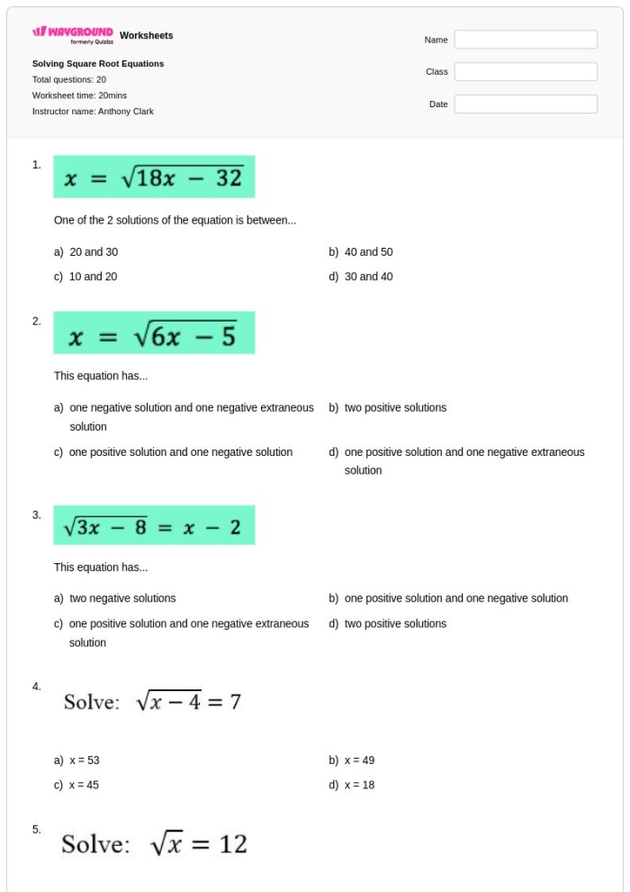 Reading worksheet for Eighth Grade Solve Square Root Equations worksheet for Eighth Grade