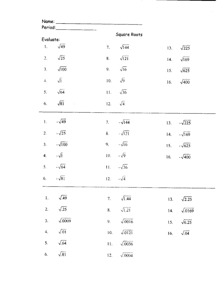 Worksheet featuring square roots of perfect squares for eighth-grade students