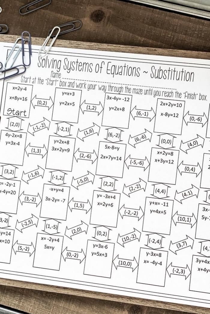 Systems of Equations Substitution Maze Worksheet Number Twenty Eighth grade math worksheet featuring a systems of equations substitution maze for algebra practice