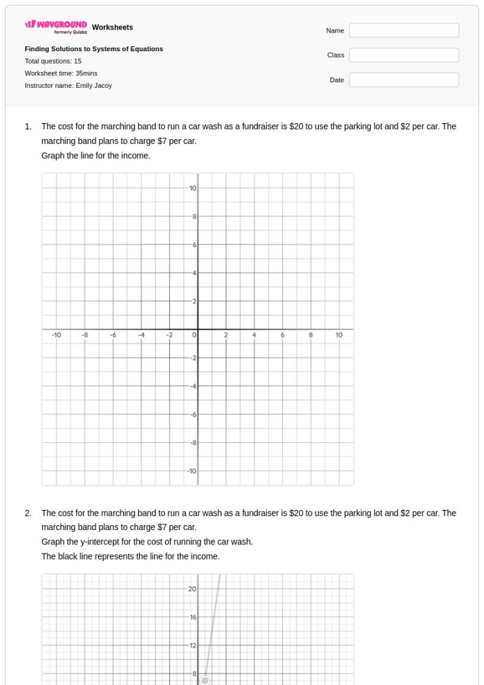 Systems of Equations Solutions Practice Activity for Middle School Math Eighth grade algebra worksheet showing practice problems for finding solutions to systems of equations with multiple variables and methods