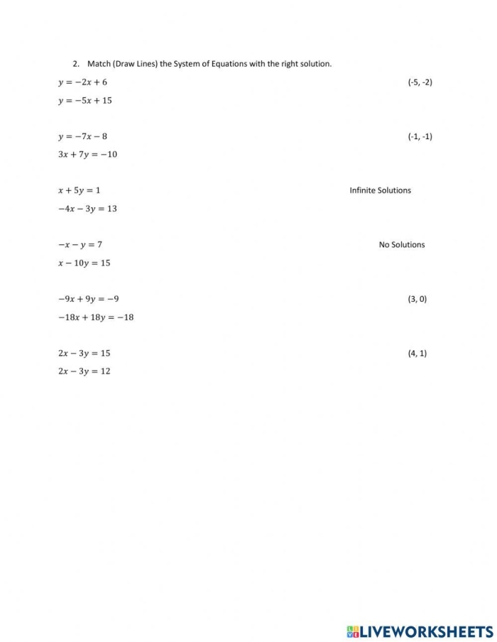 Systems of Equations Practice Problem 14 for Middle School Algebra Eighth grade student solving a system of equations problem on an algebra worksheet with two linear equations