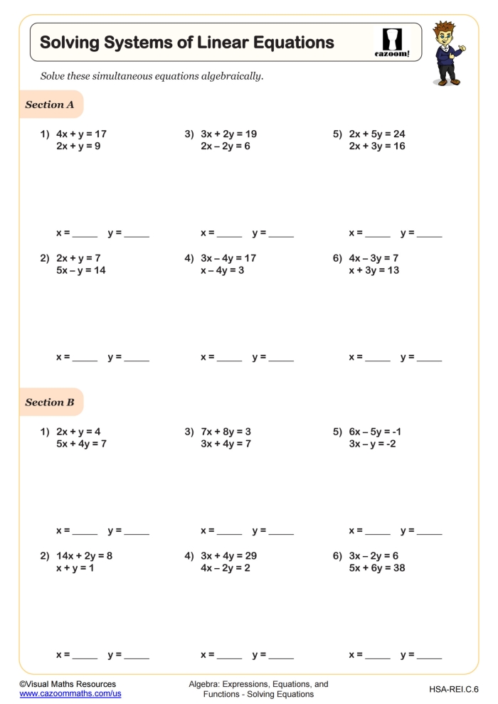 Systems of Equations Solutions Practice Activity for Middle School Algebra Eighth grade student solving a system of equations with two variables on a practice worksheet