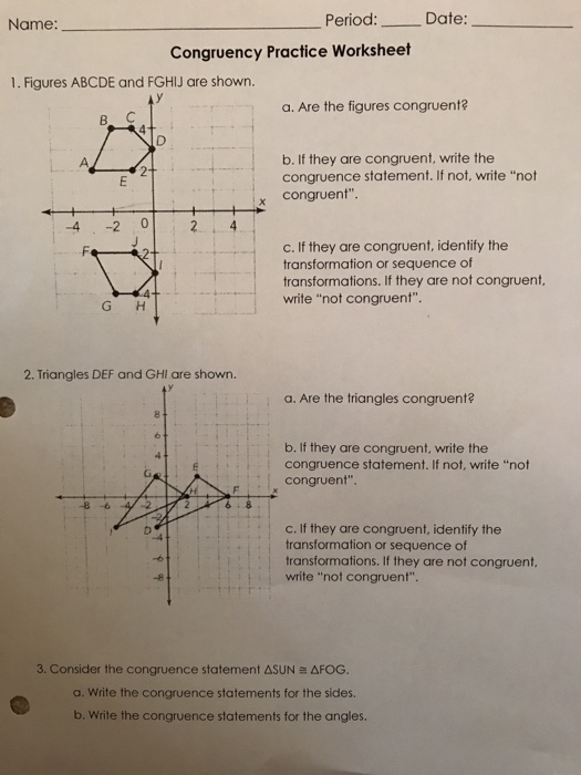 Sequences of Congruence Transformations Worksheet 9 Eighth grade math worksheet focusing on sequences of congruence transformations for geometric figures