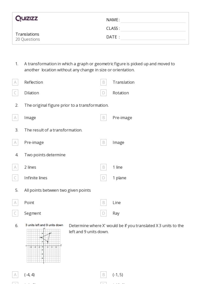 Describing Translations Worksheet for Mixed Operations in Eighth Grade Eighth-grade geometry worksheet focused on understanding translations on the coordinate plane