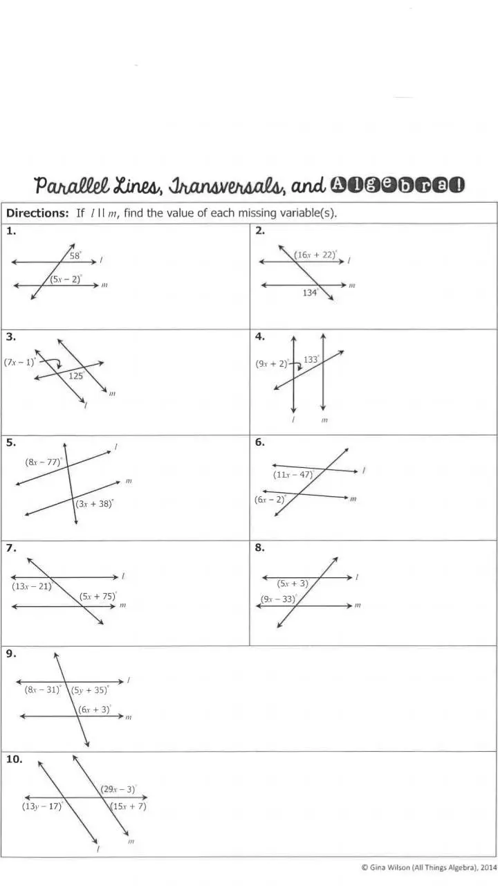 Eighth-grade geometry worksheet focusing on parallel lines and transversals with angle pair identification. Parallel Lines Cut By A Transversal practice worksheet for 8th graders.