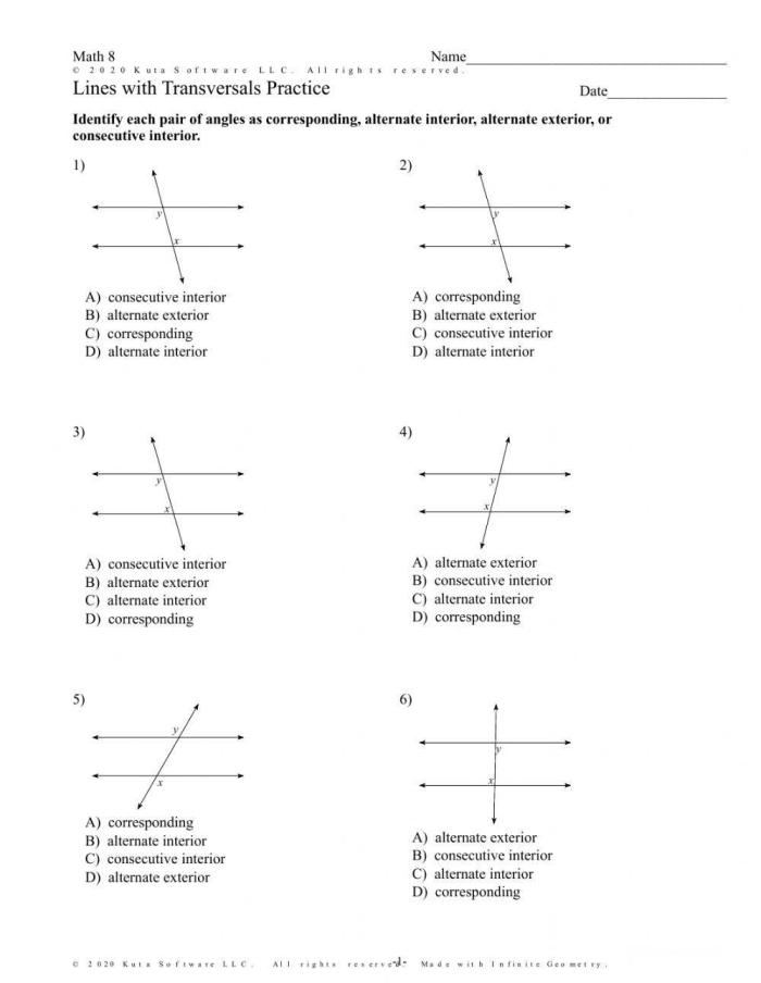 Parallel Lines Cut by a Transversal Practice Problems for Grade 8 Eighth grade geometry worksheet showing parallel lines intersected by a transversal with angle relationships labeled for students to identify and measure