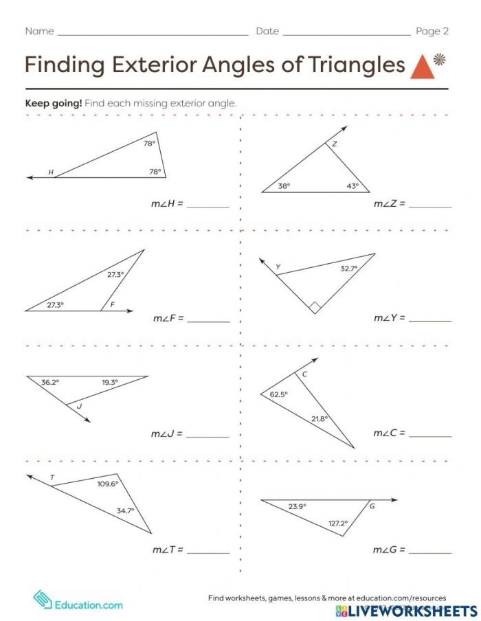 Eighth grade worksheet featuring algebraic triangle geometry problems to calculate missing variable values