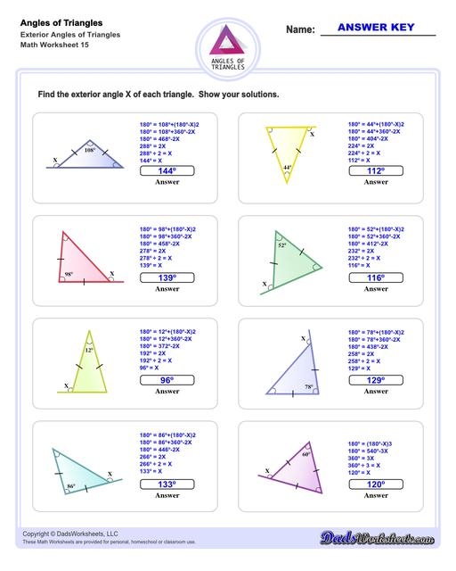 Triangle with algebraic expressions for angles demonstrating the angle-sum theorem for eighth grade geometry