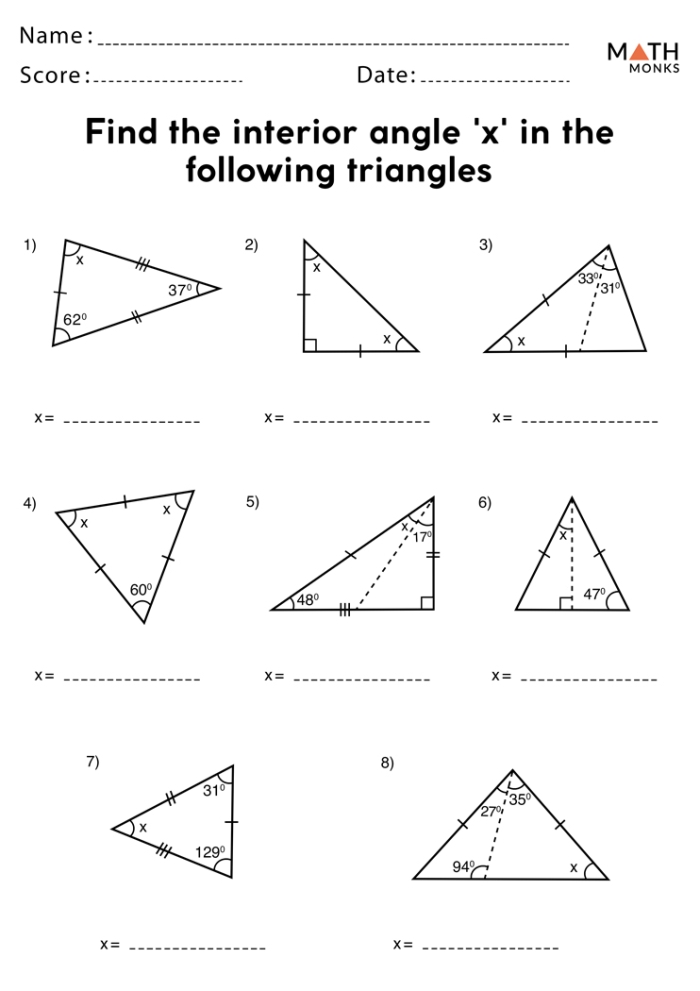 Worksheet featuring The Missing Angle: Triangles for eighth graders to solve for missing angles. Educational resource image related to multiplication and geometry concepts.