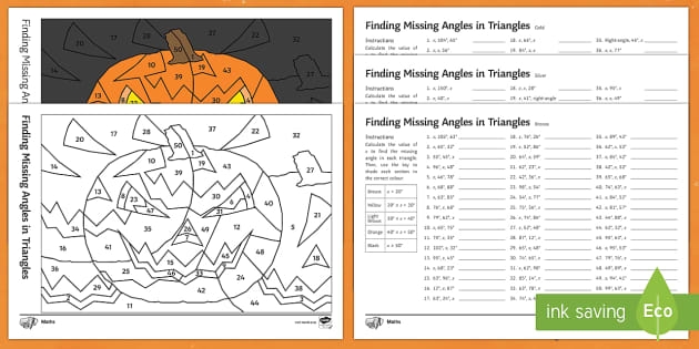 Eighth grade math worksheet showing how to calculate a missing interior angle using the Triangle Angle Sum Theorem