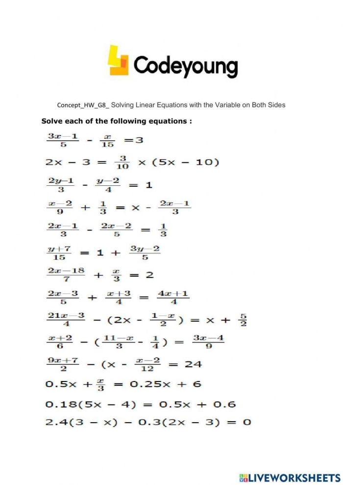 Eighth grade student working through algebraic equations with variables appearing on both sides of the equal sign