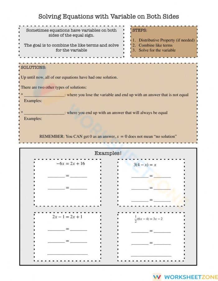 Eighth grade worksheet showing math problems for solving equations with variables on both sides