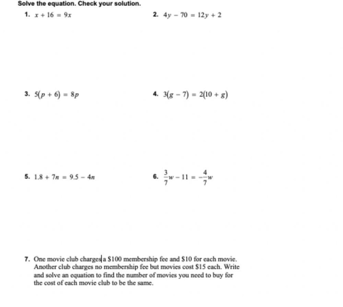 Eighth grade math worksheet showing equations with variables on both sides for practice