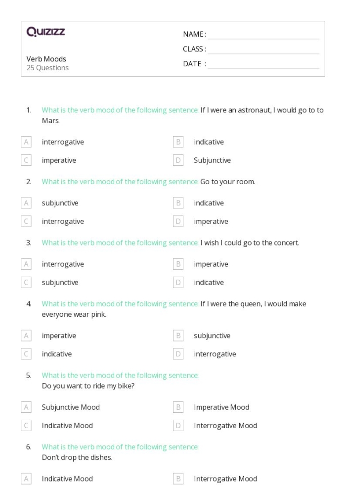 Eighth grade verb moods worksheet featuring sentence exercises for identifying speaker attitude