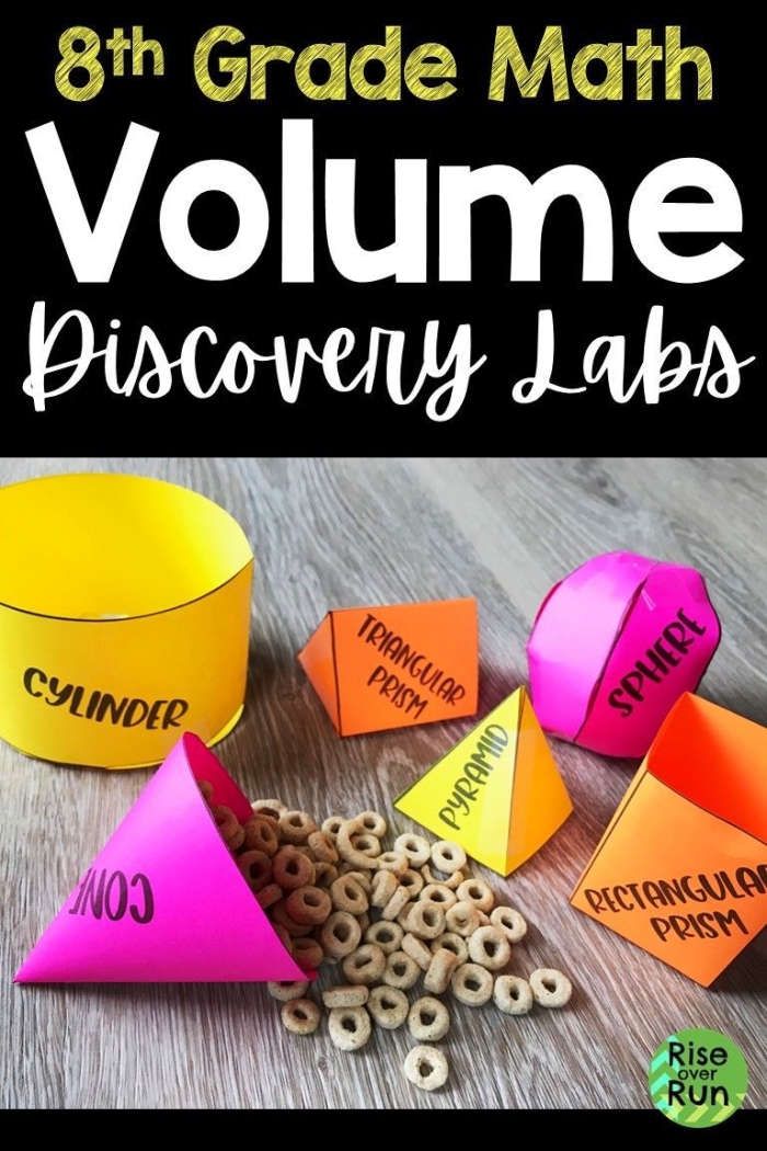 Worksheet illustrating how to calculate the volume of cylinders, cones, and spheres for eighth-grade students