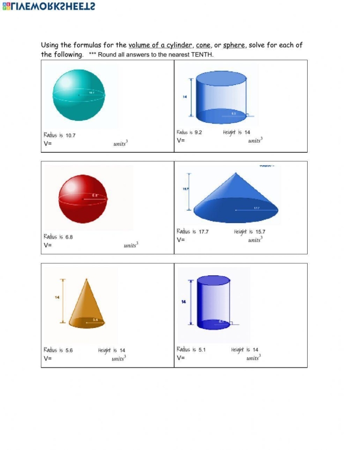 Eighth grade geometry worksheet featuring volume formulas for cylinders cones and spheres image 16