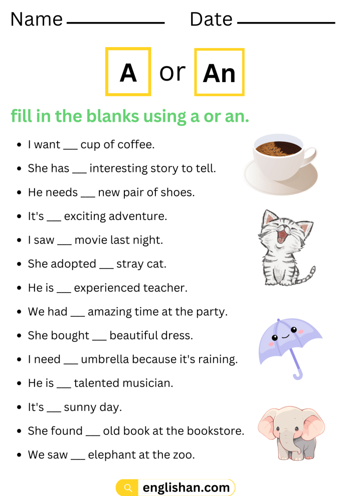 Educational resource on "a" and "an" for effective writing skills Worksheet for teaching the use of "a" and "an" in sentences for third graders