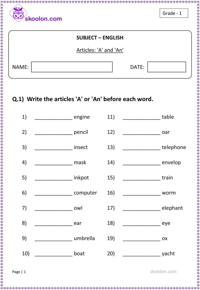 Educational resource on using "a" and "an" correctly in writing Worksheet for teaching the difference between "a" and "an" for third graders