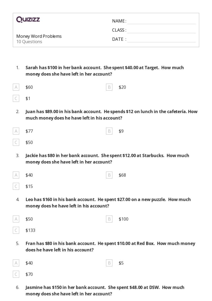 A Day at the Zoo: Multiplying Money Word Problems worksheet for fifth grade students practicing fractions with zoo-themed math scenarios