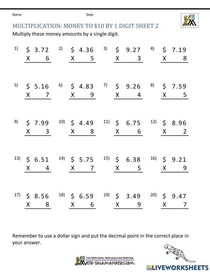 Fifth grade students solving multiplication money word problems at a zoo setting with animals and ticket prices
