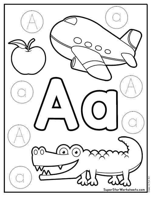 Preschooler worksheet featuring the letter A for coloring and phonics practice 25